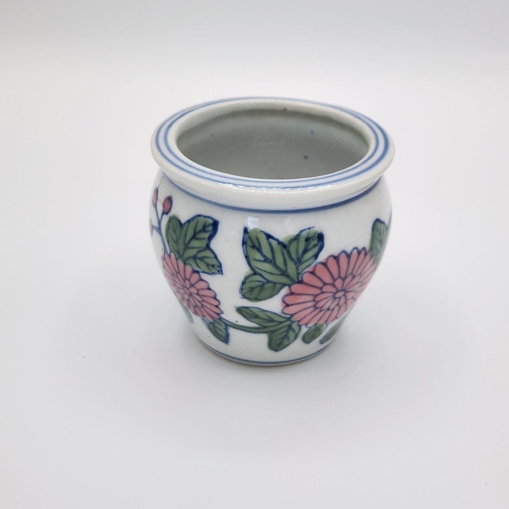 Vintage Very Small Chinese-style Porcelain Cabbage Rose Planter Vase Dish - Picture 2 of 6